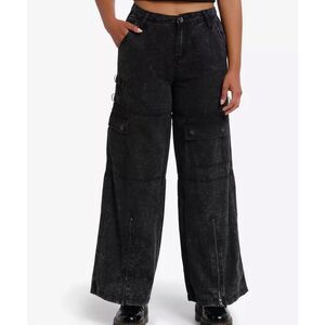 Hot Topic Black Acid Wash Hardware Zipper Wide Leg Jeans Size 7/29 Nwot Punk